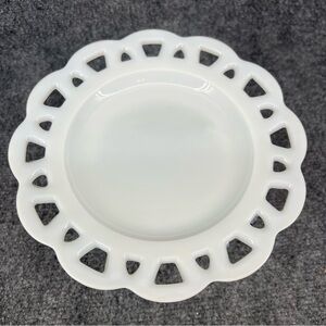 Vintage Hazel Atlas Milk Glass Open Lace Edge Salad Luncheon Plate 8.25”